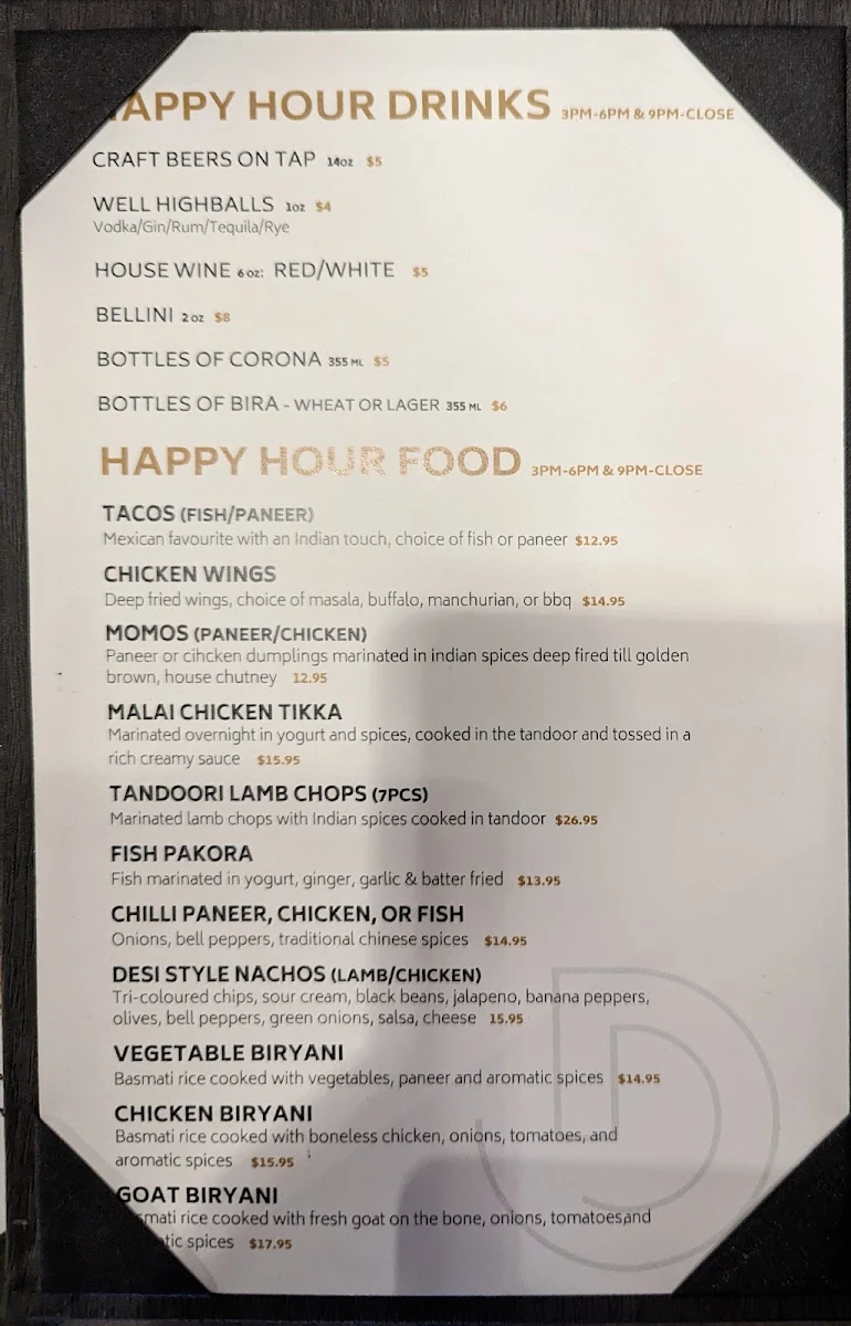 Menu, Dhaliwal's Lounge