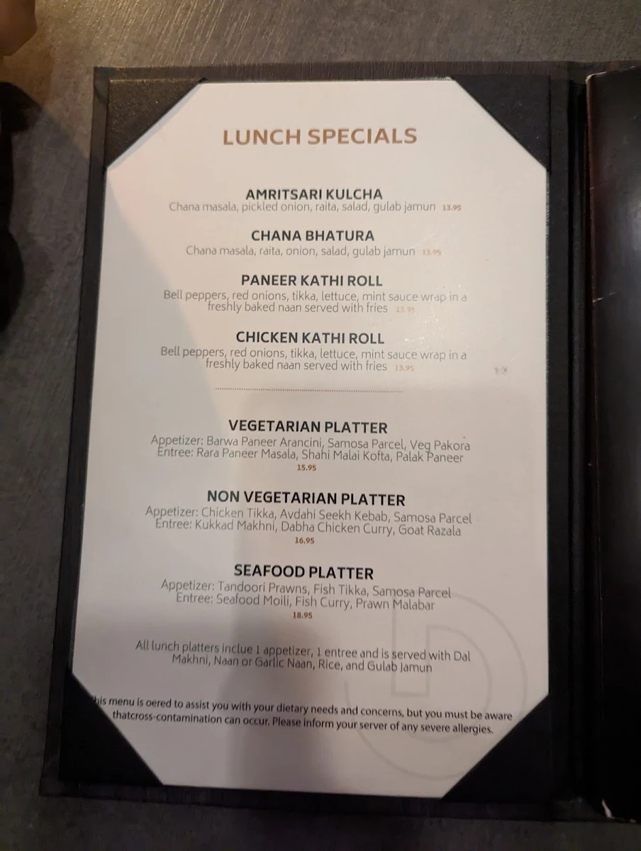 Menu, Dhaliwal's Lounge