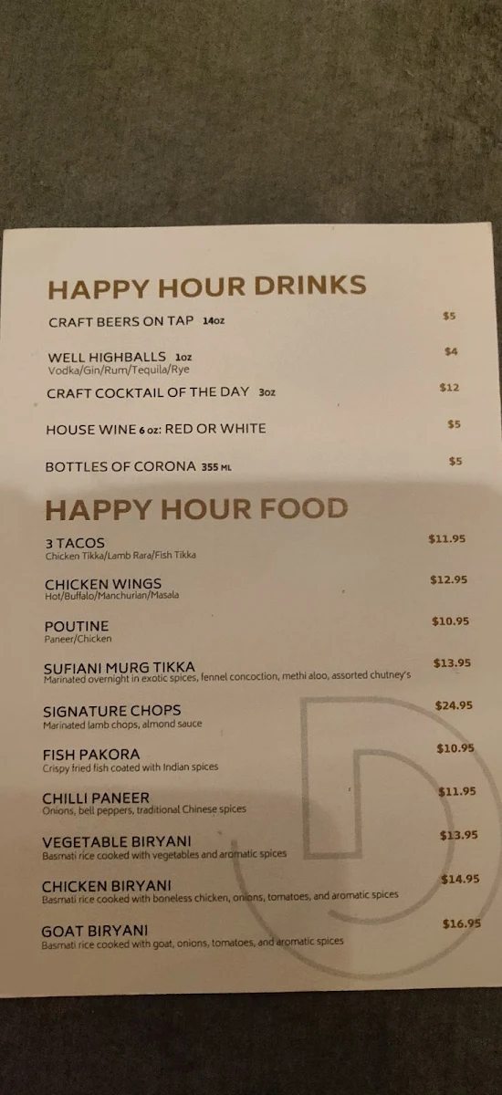 Menu, Dhaliwal's Lounge