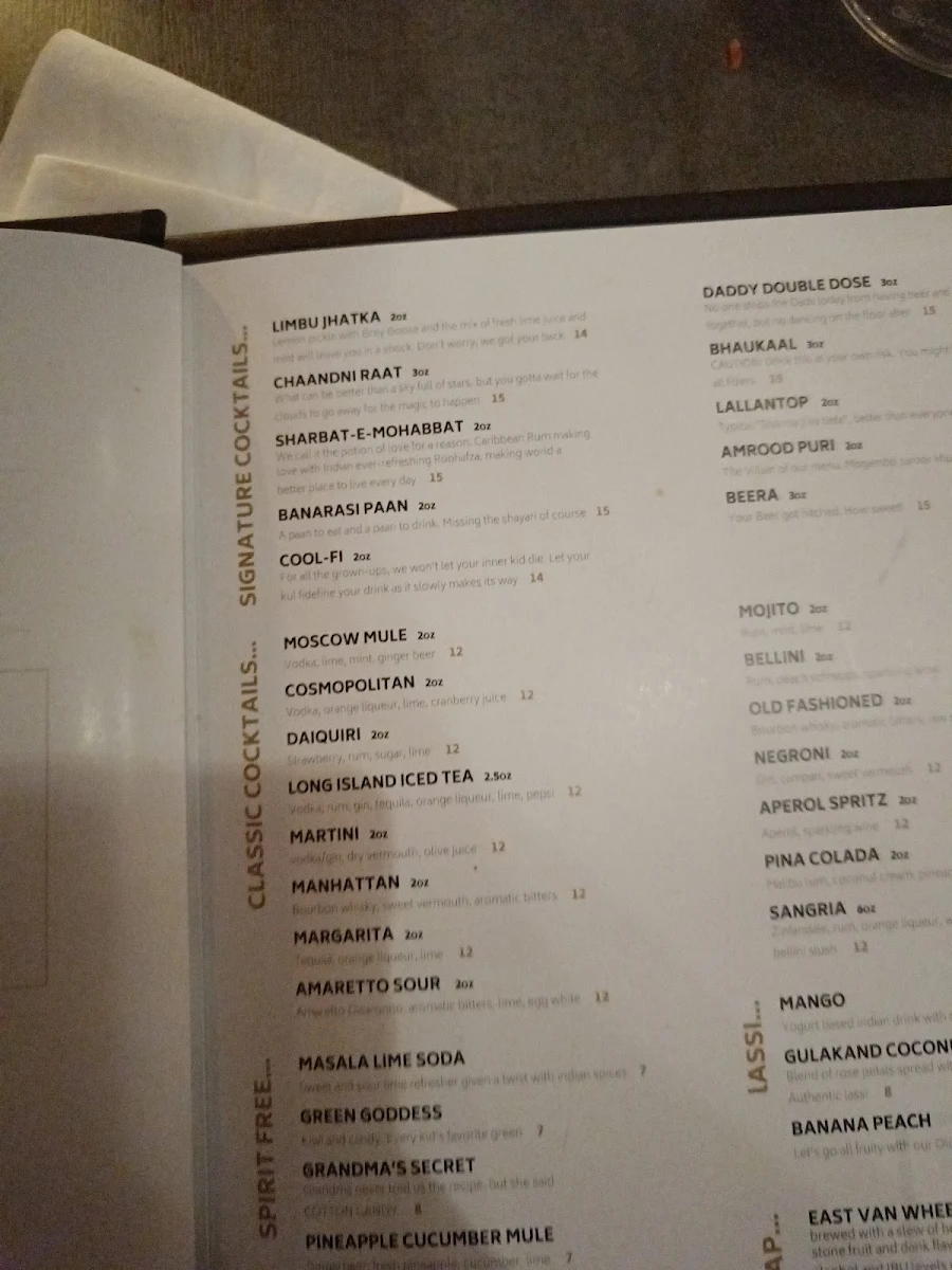 Menu, Dhaliwal's Lounge