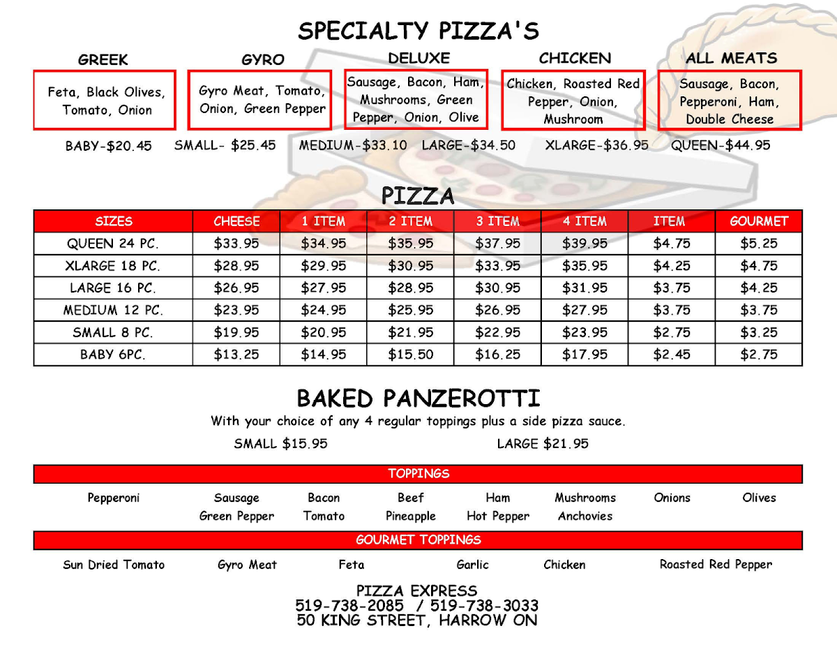 Menu, Pizza Express Harrow