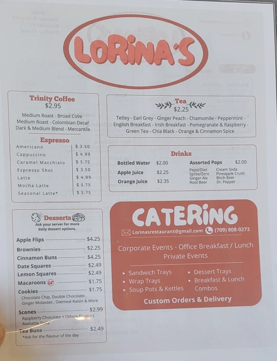 Menu, Lorina's Restaurant