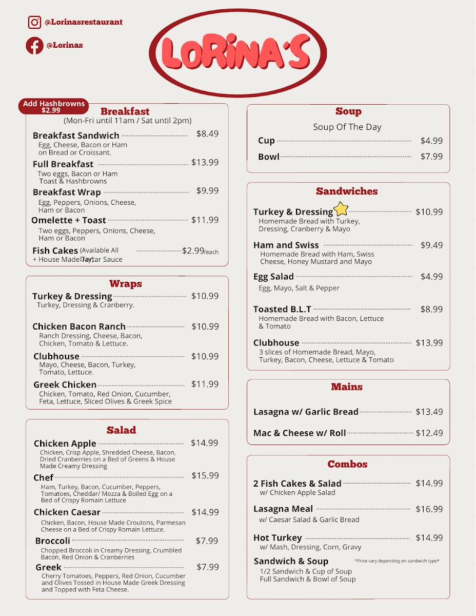 Menu, Lorina's Restaurant