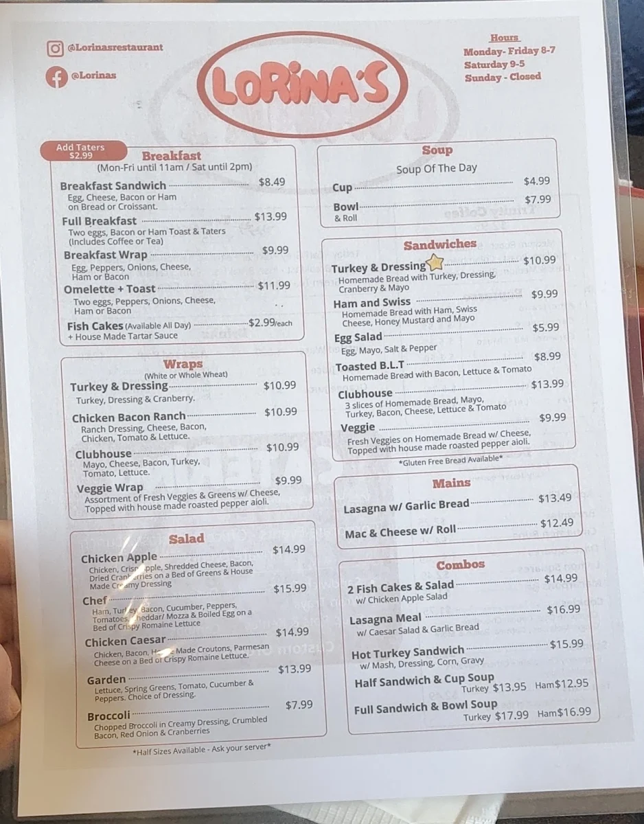 Menu, Lorina's Restaurant