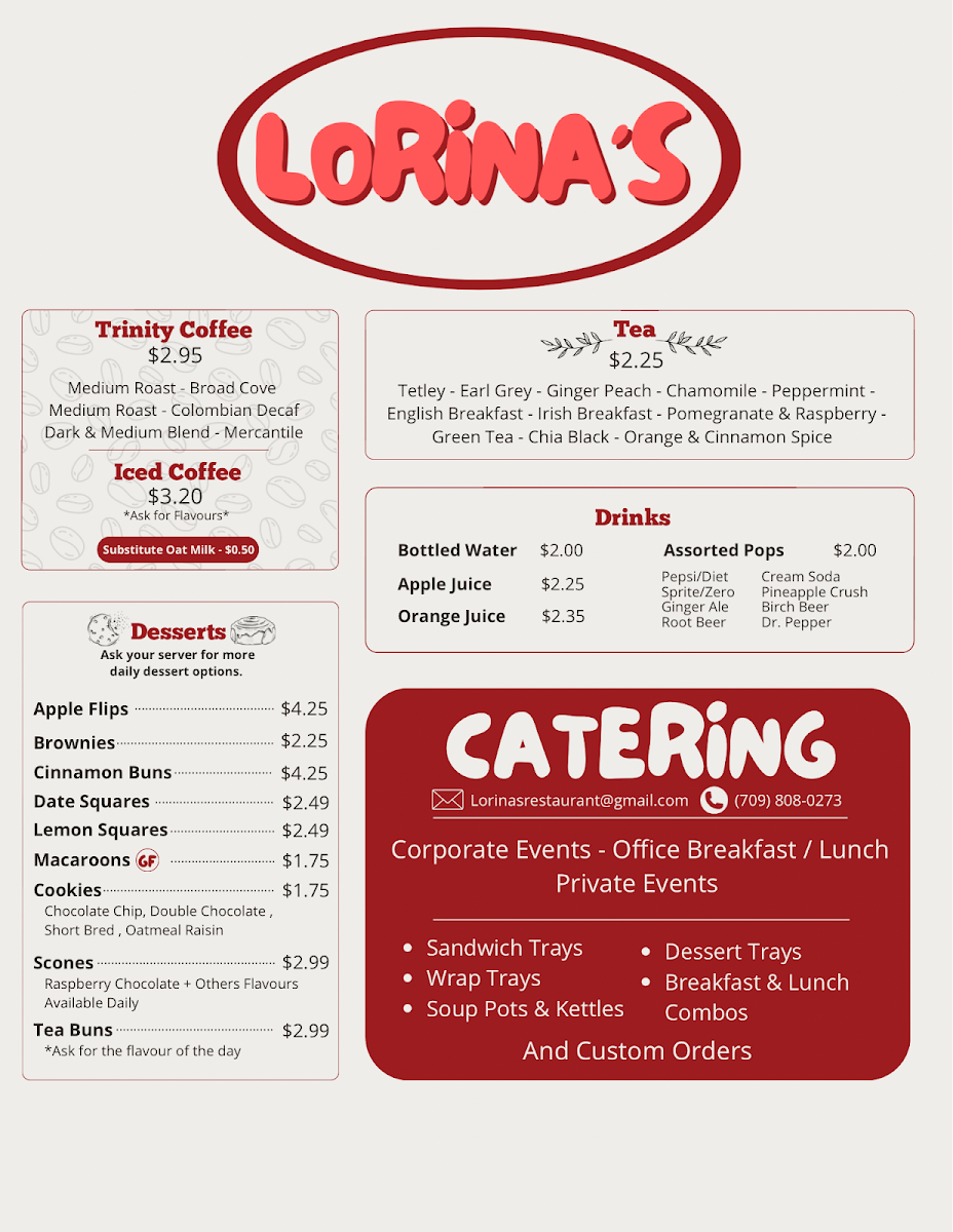 Menu, Lorina's Restaurant