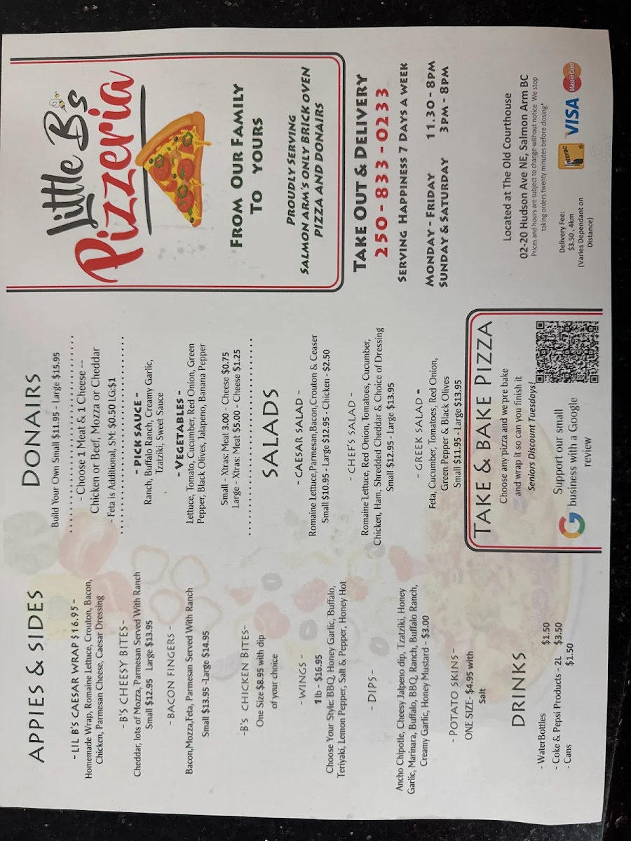 Menu, Little B's Pizzeria