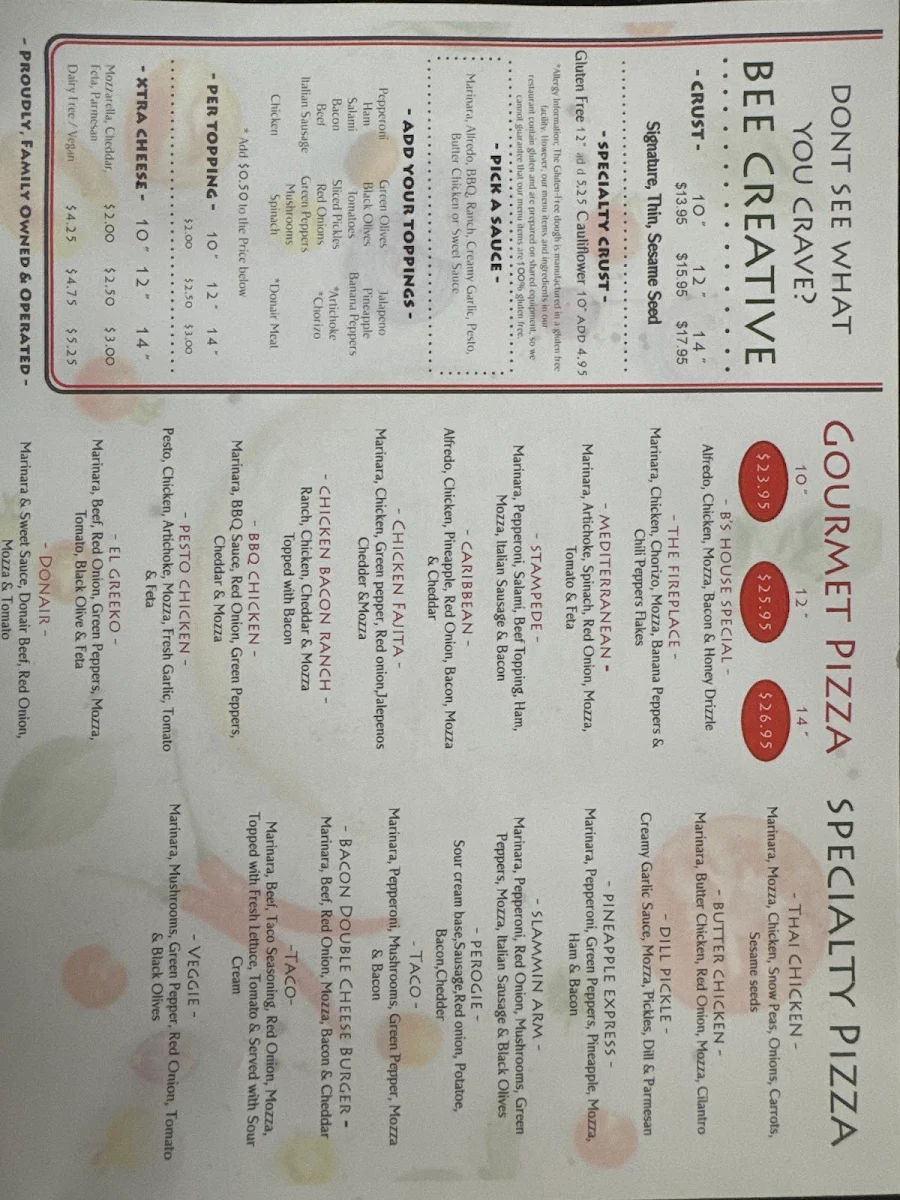 Menu, Little B's Pizzeria