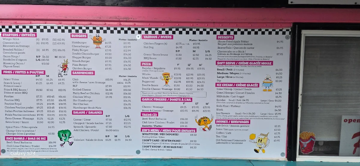 Menu, Pinky's Roadside Diner