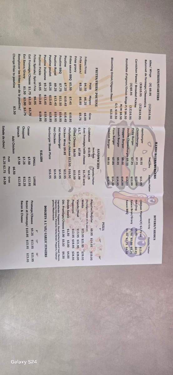 Menu, Pinky's Roadside Diner