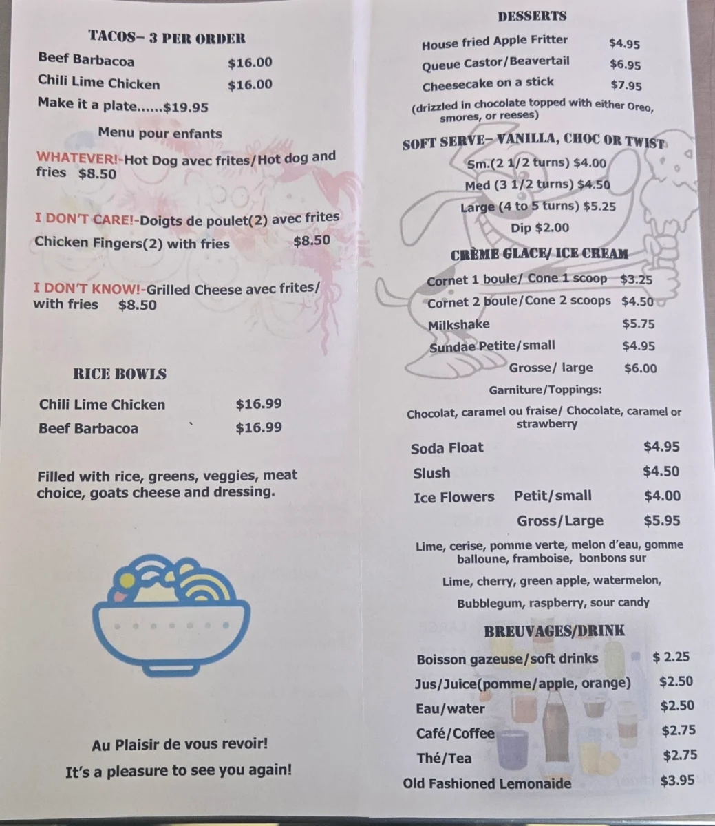 Menu, Pinky's Roadside Diner