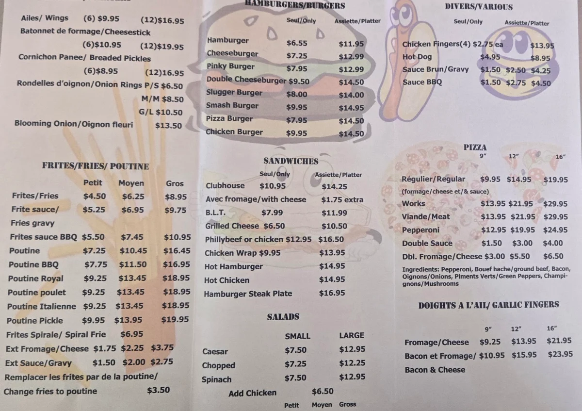 Menu, Pinky's Roadside Diner