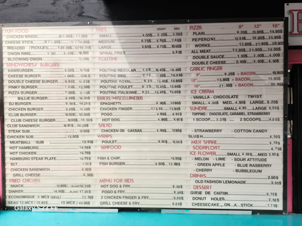 Menu, Pinky's Roadside Diner