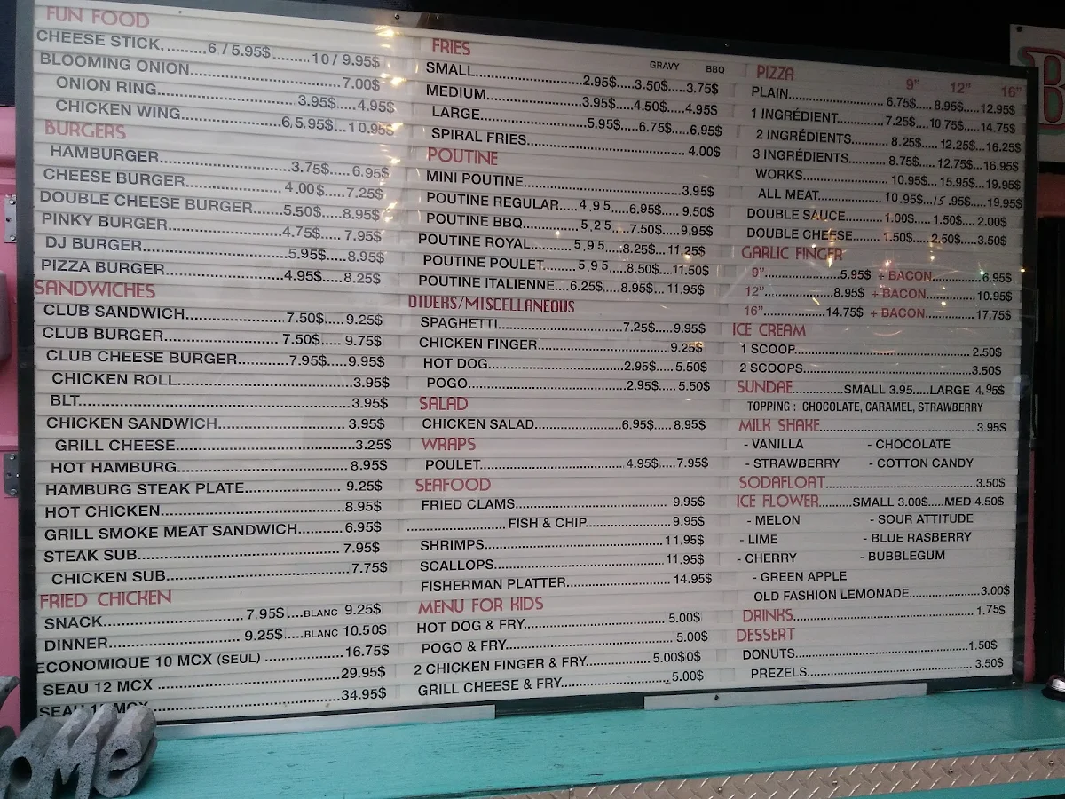 Menu, Pinky's Roadside Diner