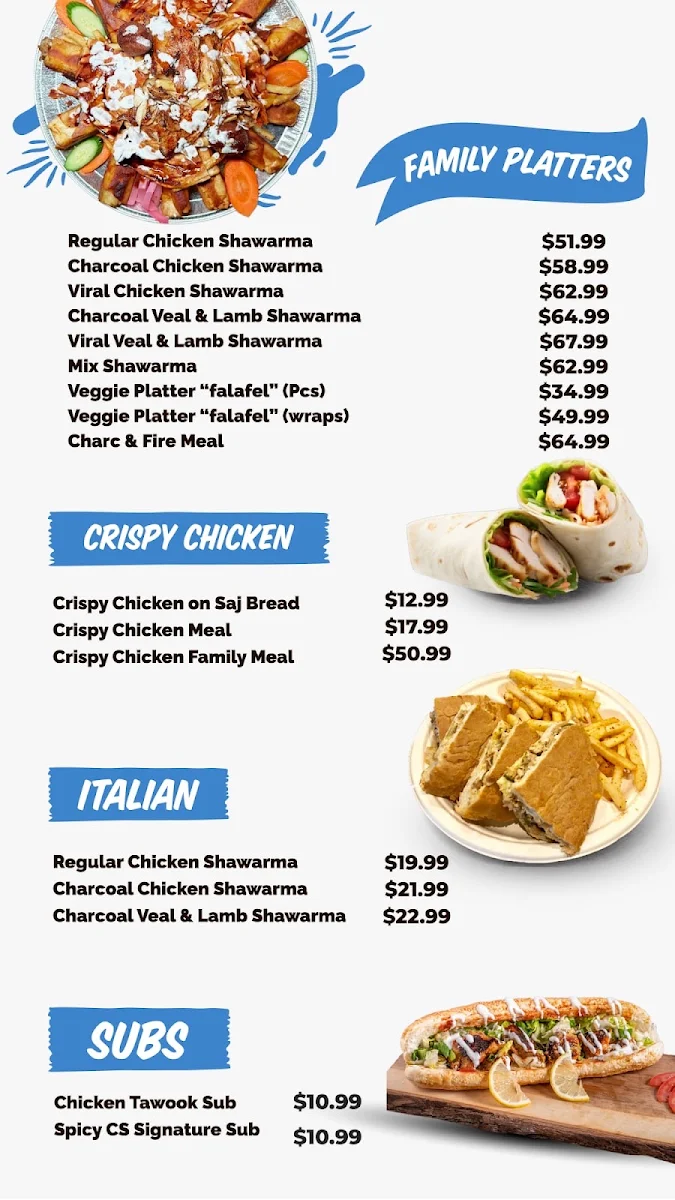 Menu, شاورما حطب و نار Charc Shawarma