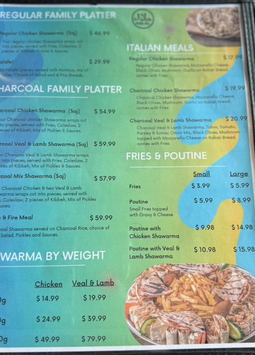 Menu, شاورما حطب و نار Charc Shawarma