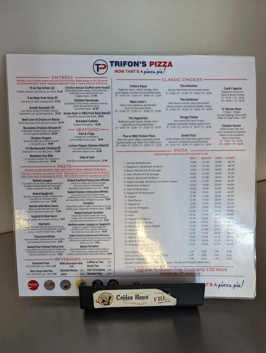 Menu, Trifon's Pizza & Spaghetti House