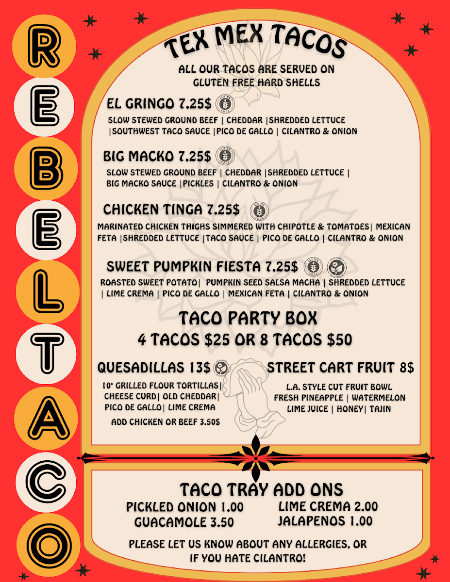 Menu, Rebel Taco