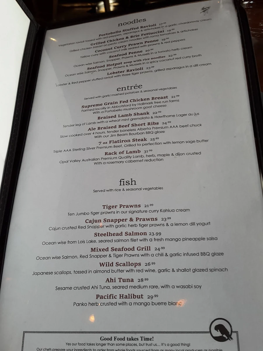 Menu, Vault Restaurant