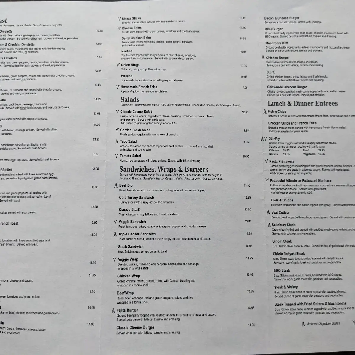 Menu, Ambrosia Family Restaurant