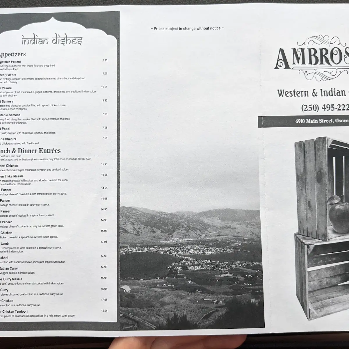 Menu, Ambrosia Family Restaurant
