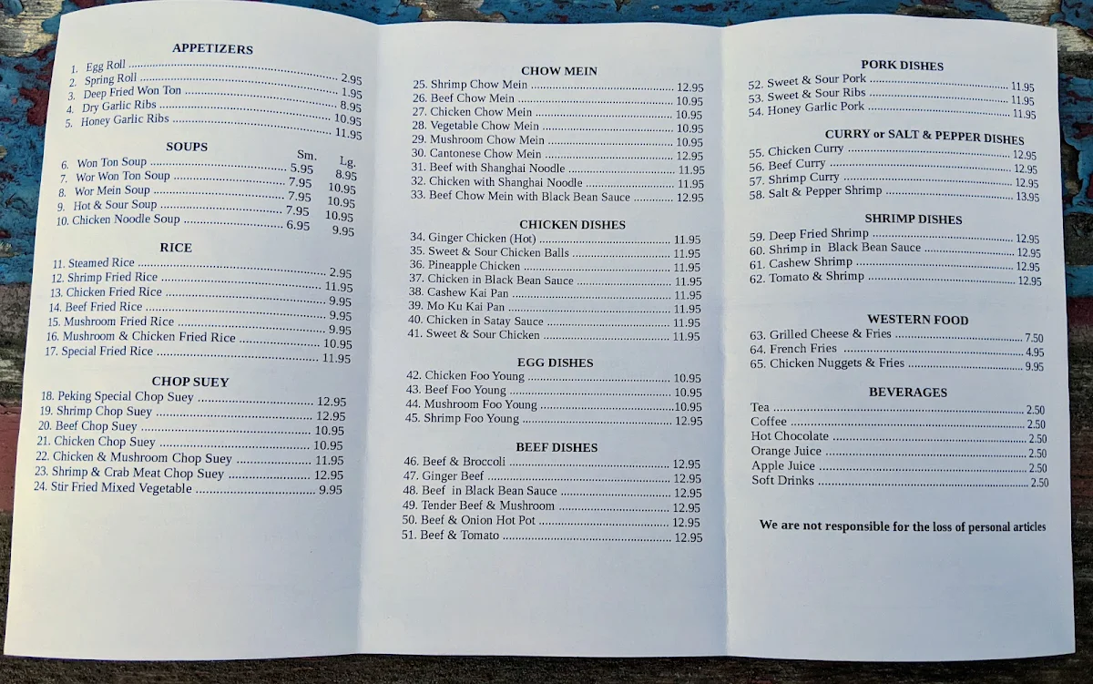Menu, Peking Cafe