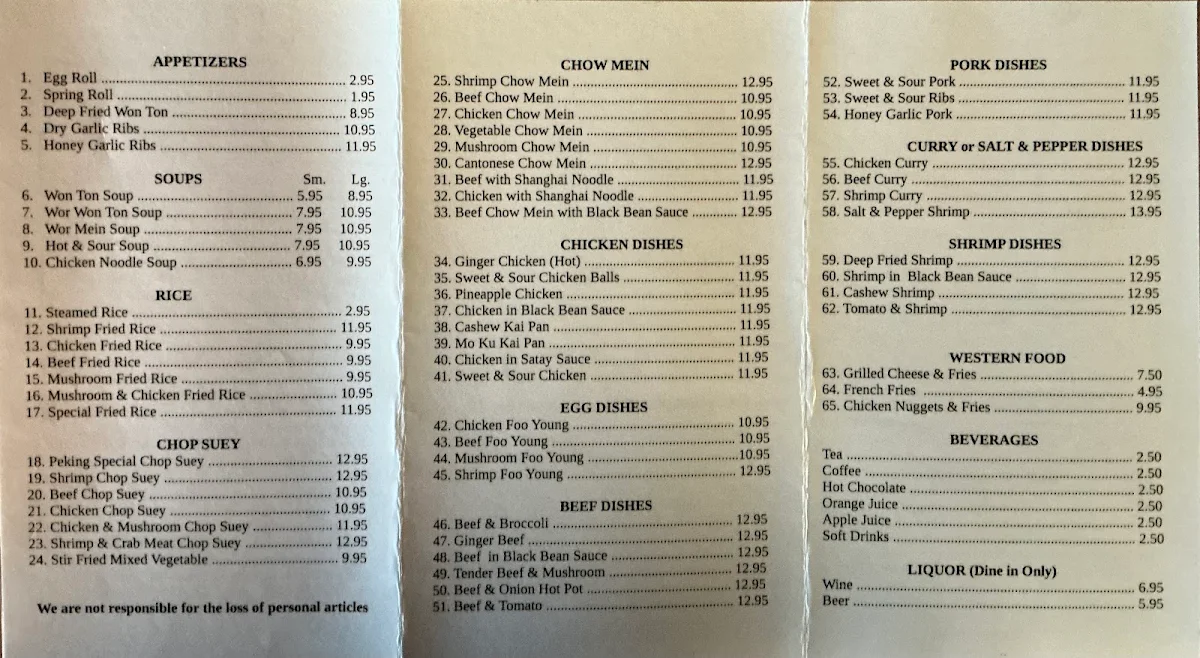 Menu, Peking Cafe