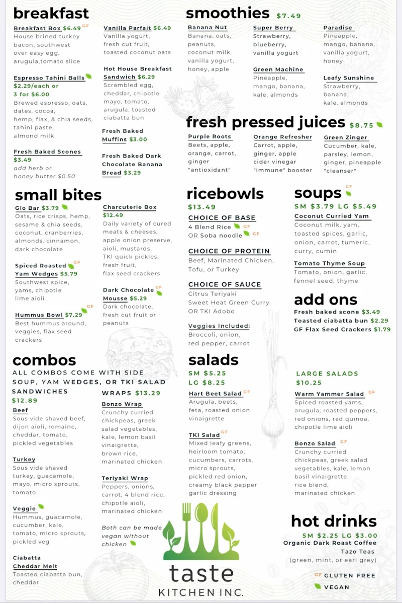 Menu, Taste Kitchen Inc