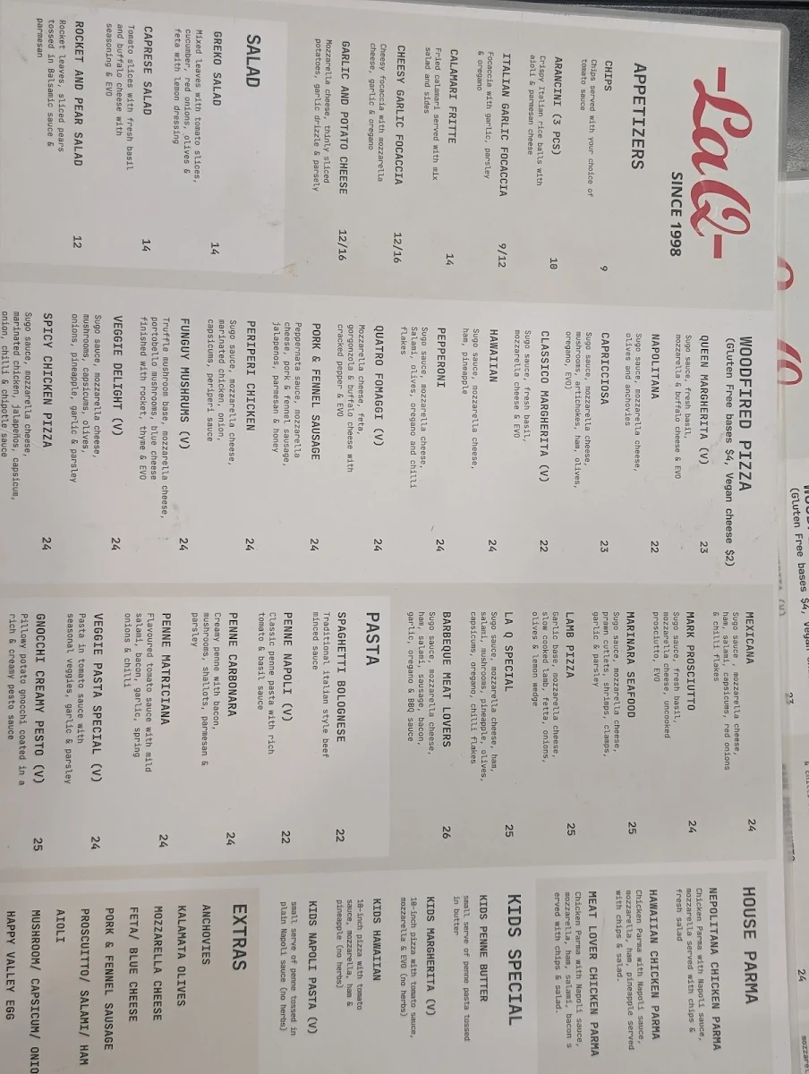 Menu, La Q Woodfire Pizza & Italian Restaurant (BYO)