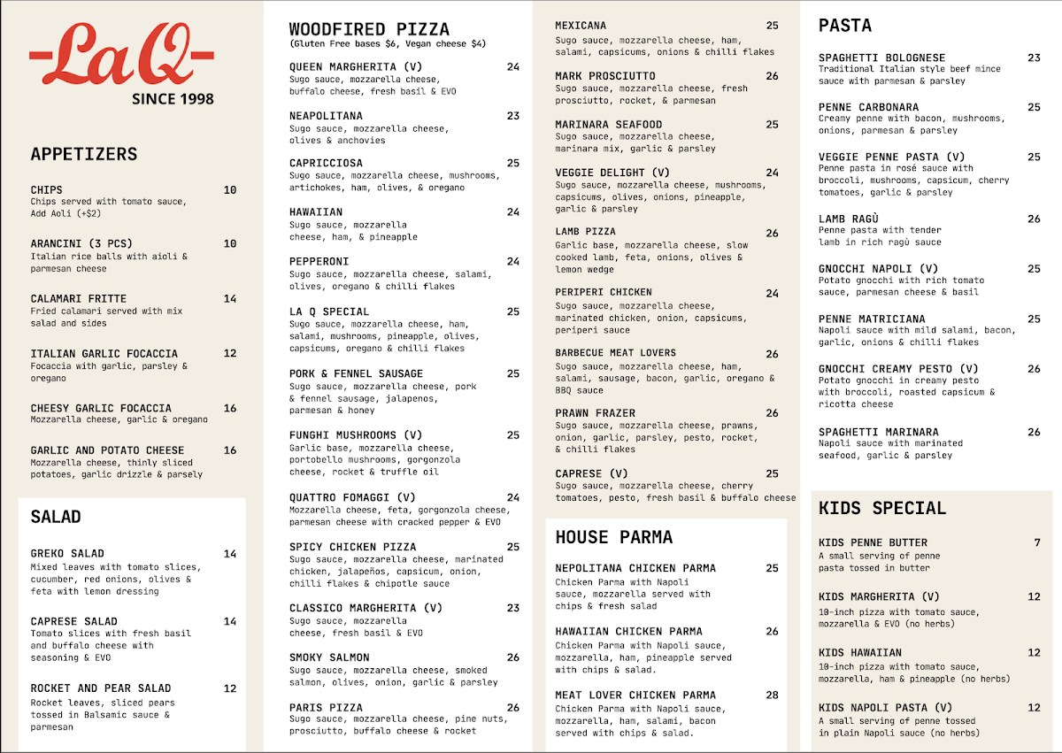 Menu, La Q Woodfire Pizza & Italian Restaurant (BYO)