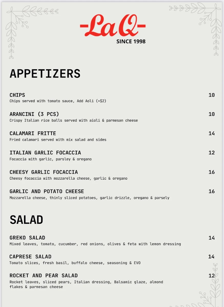 Menu, La Q Woodfire Pizza & Italian Restaurant (BYO)