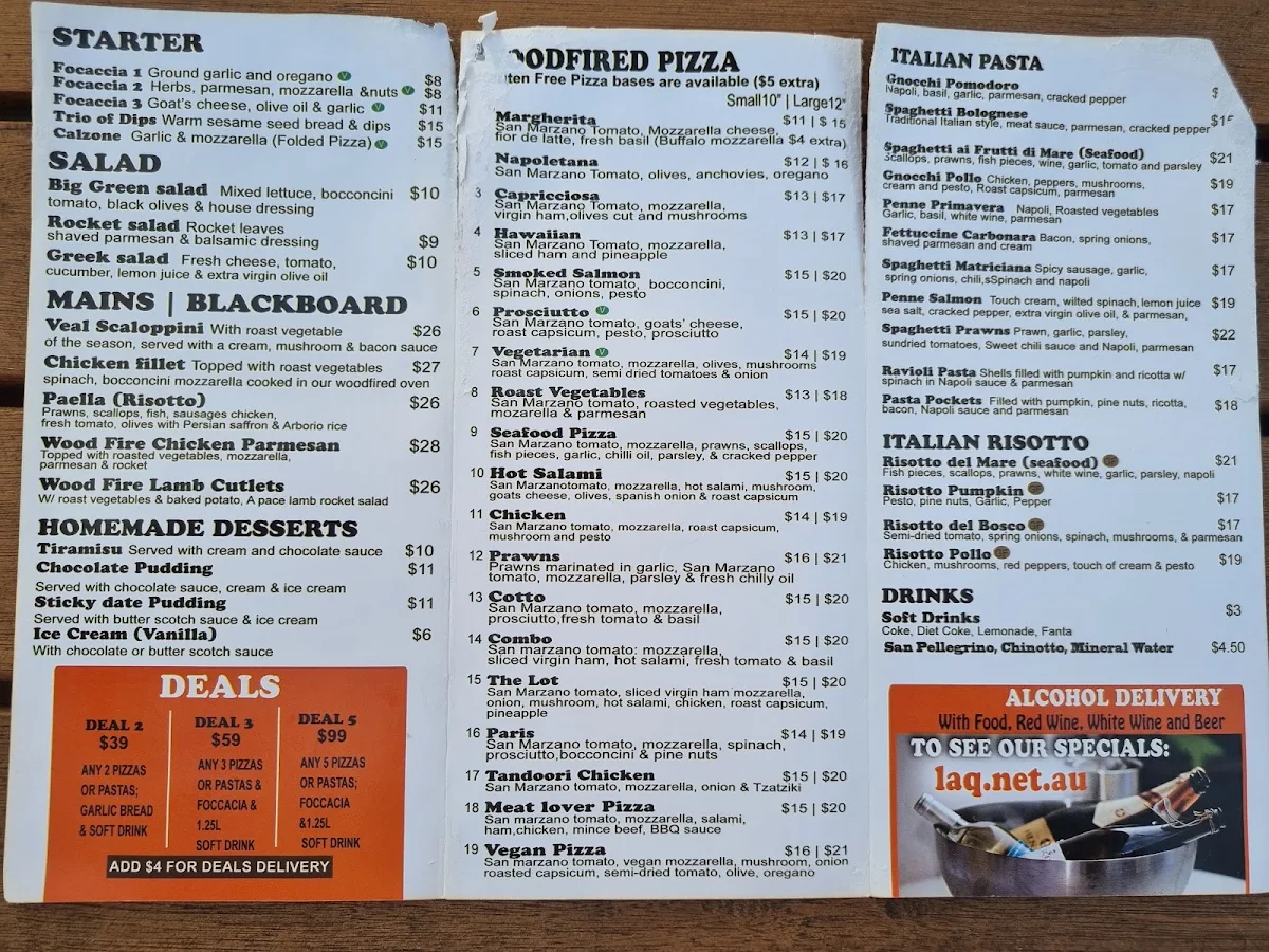 Menu, La Q Woodfire Pizza & Italian Restaurant (BYO)