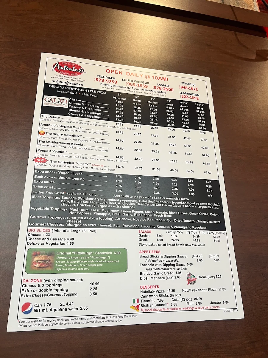 Menu, Antonino’s Original Pizza–Riverside