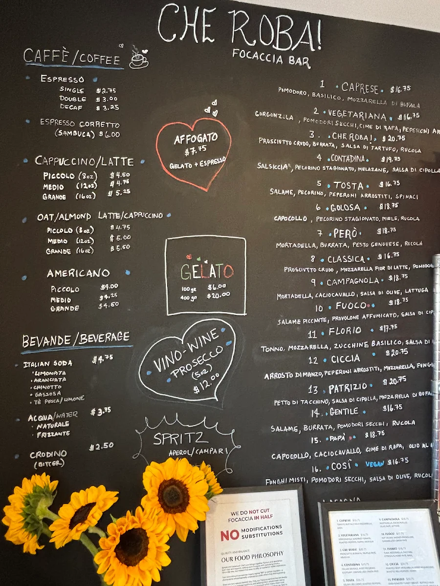 Menu, Che Roba! Focaccia Bar