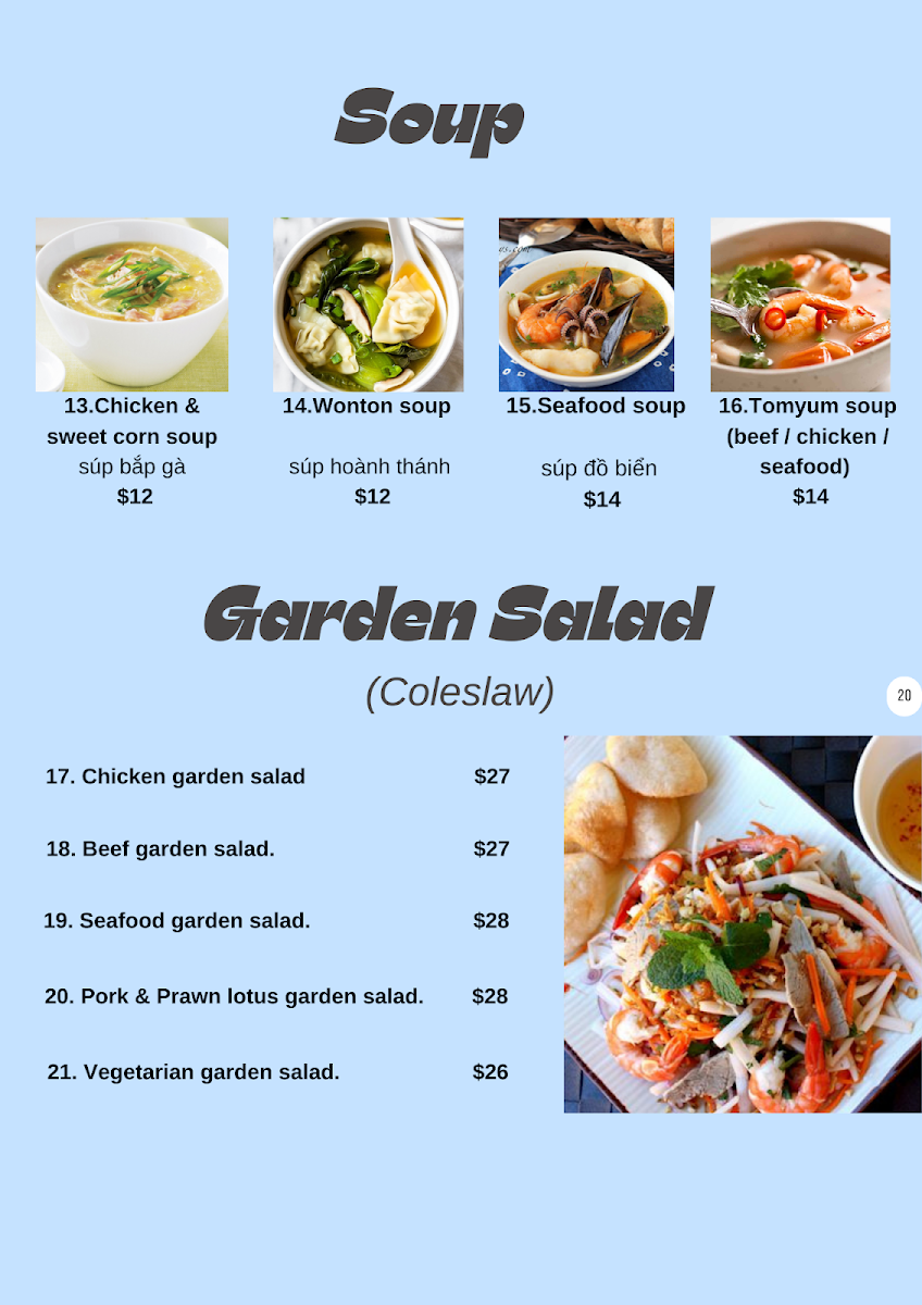Menu, Blue Lotus Restaurant & Cafe Vietnamese Cuisine