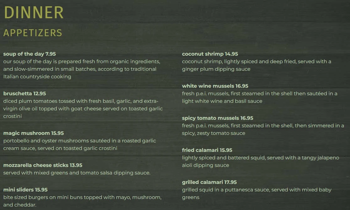 Menu, Valens Restaurant Inc