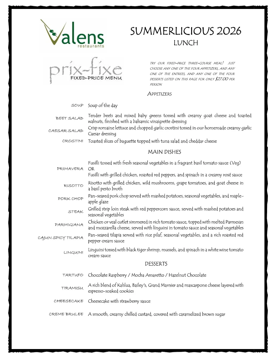 Menu, Valens Restaurant Inc