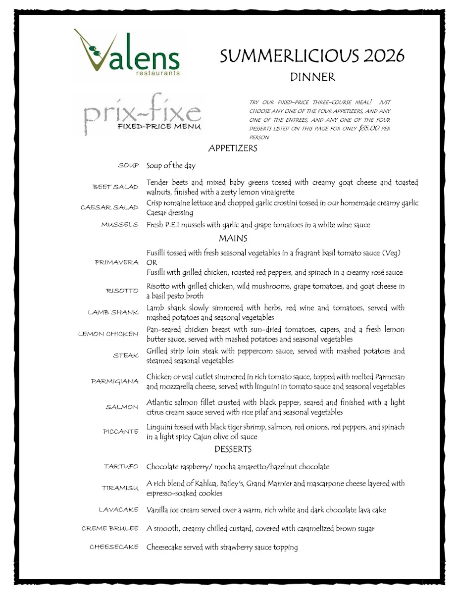 Menu, Valens Restaurant Inc