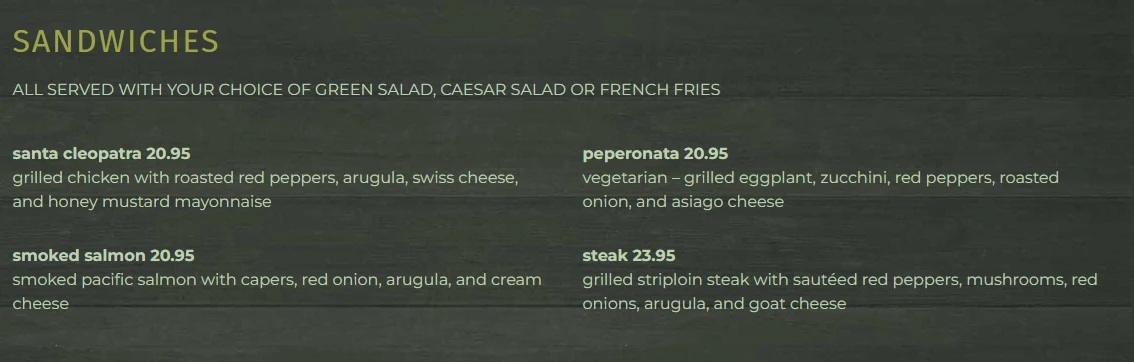 Menu, Valens Restaurant Inc