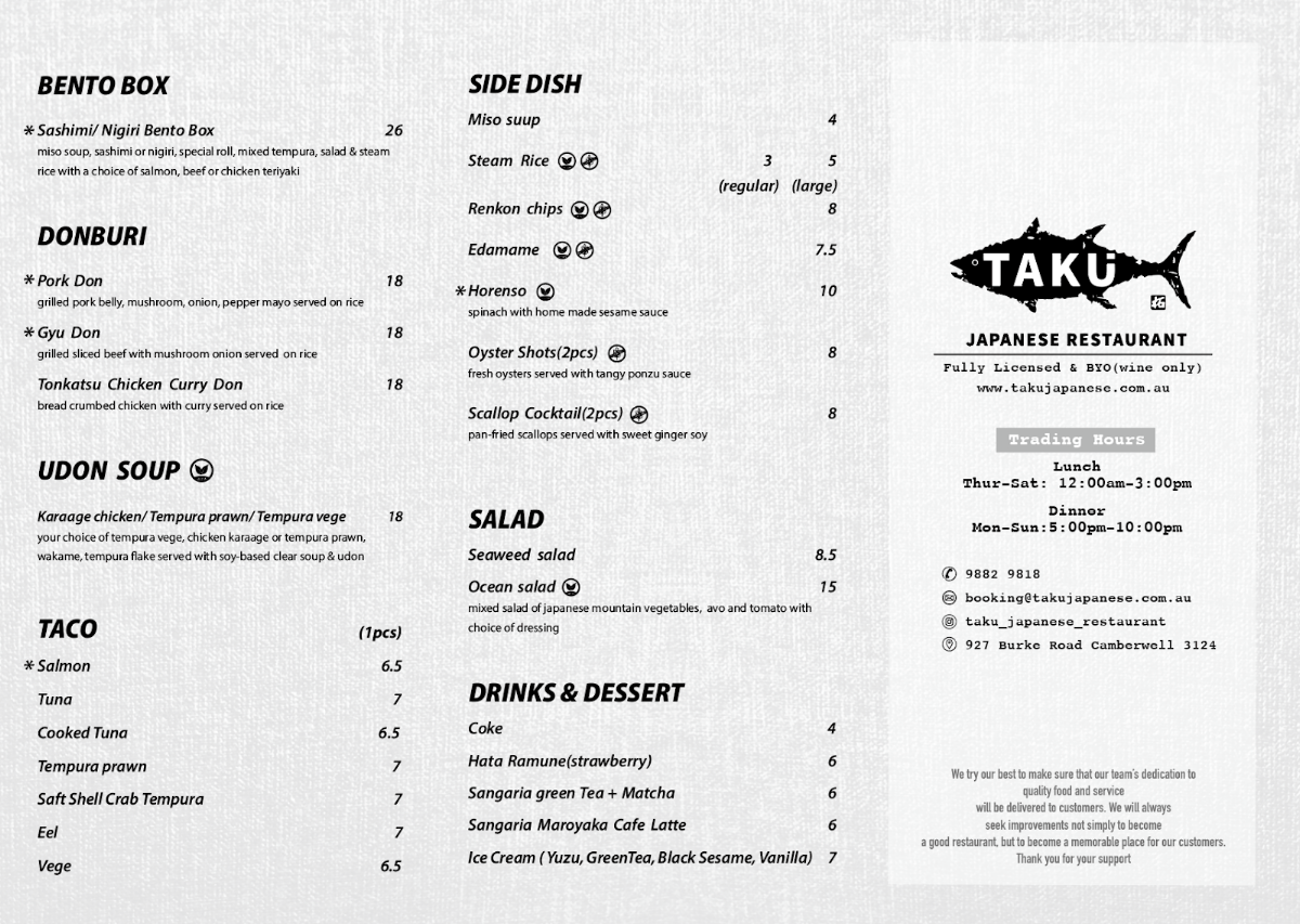Menu, Taku Japanese