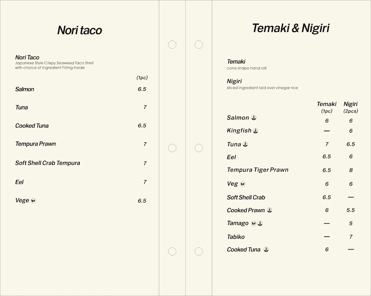 Menu, Taku Japanese