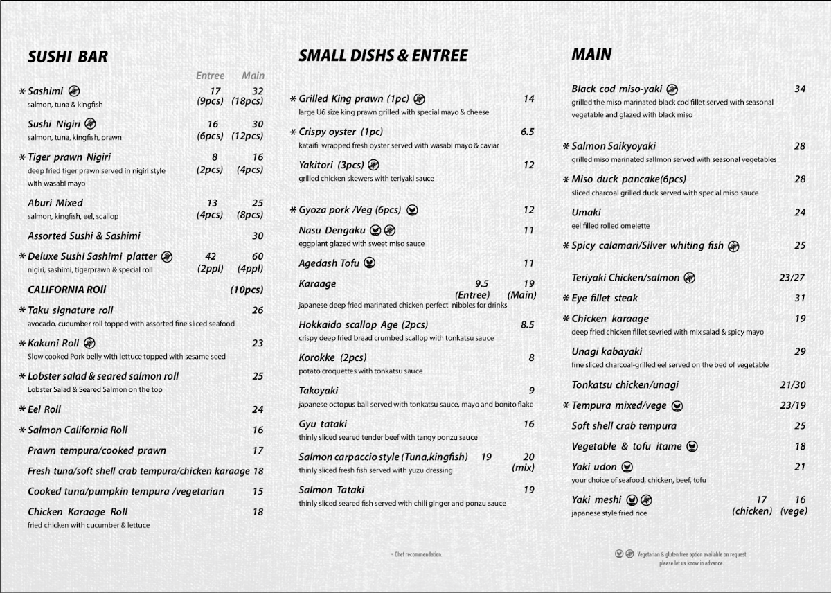 Menu, Taku Japanese