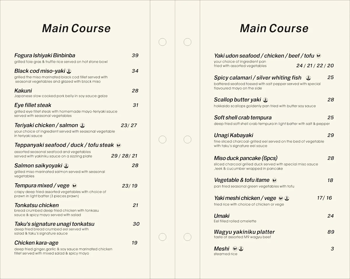 Menu, Taku Japanese