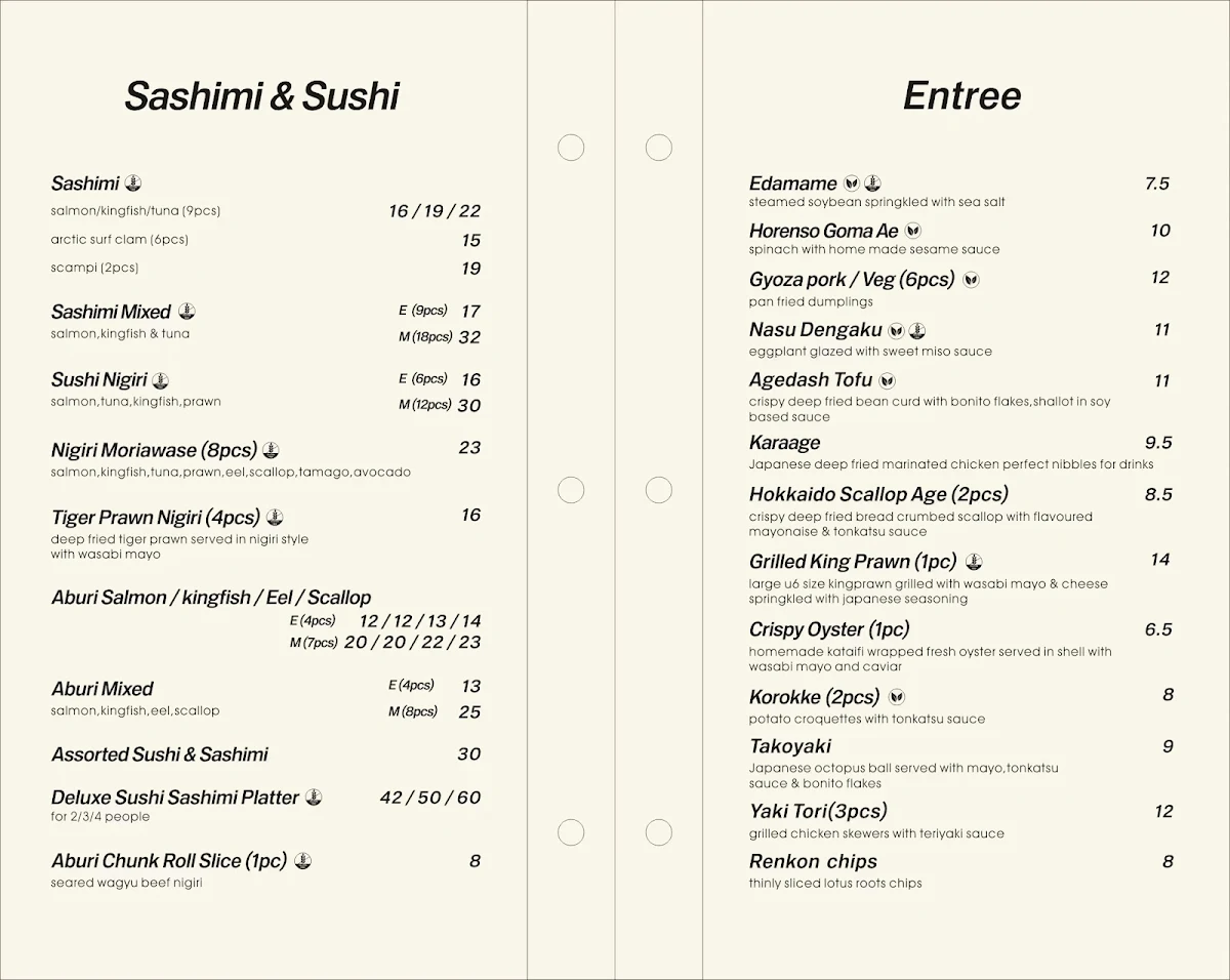 Menu, Taku Japanese