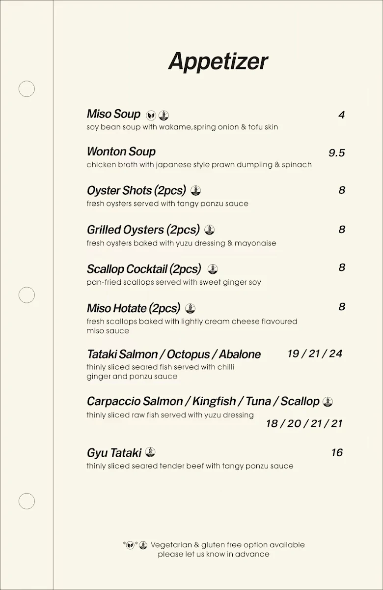 Menu, Taku Japanese