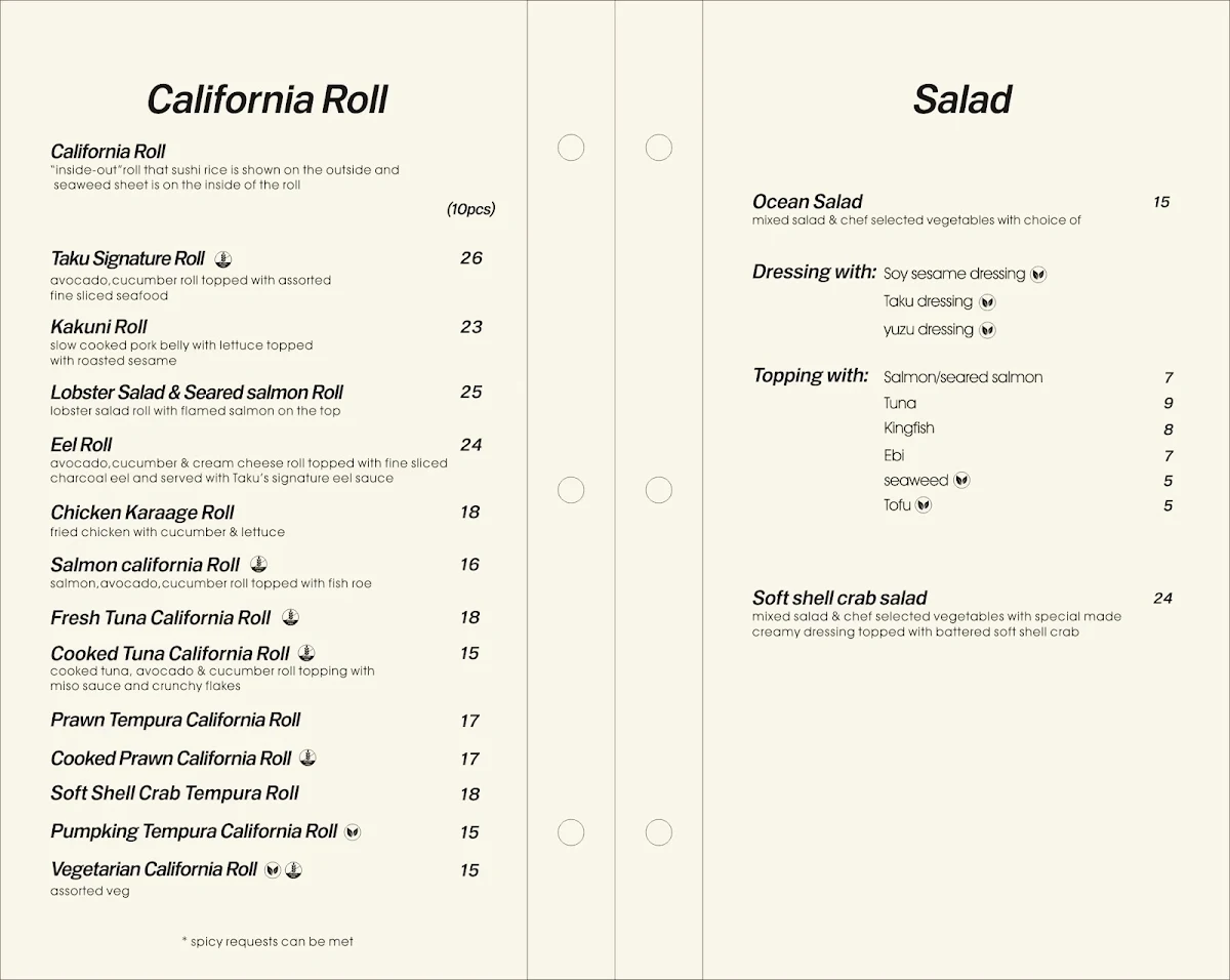 Menu, Taku Japanese