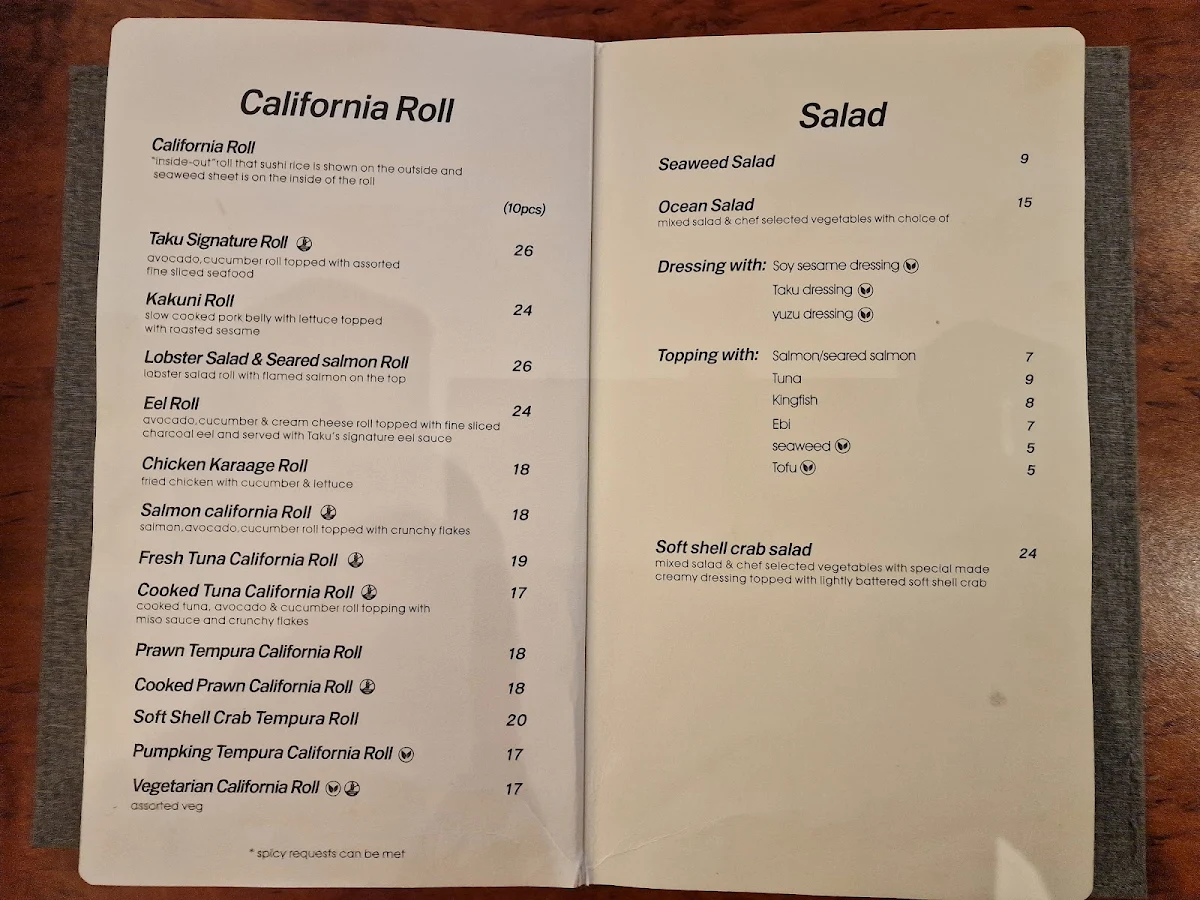 Menu, Taku Japanese