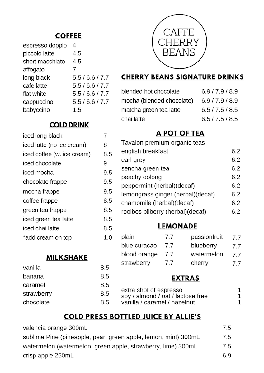 Menu, CAFFE CHERRY BEANS Chermside
