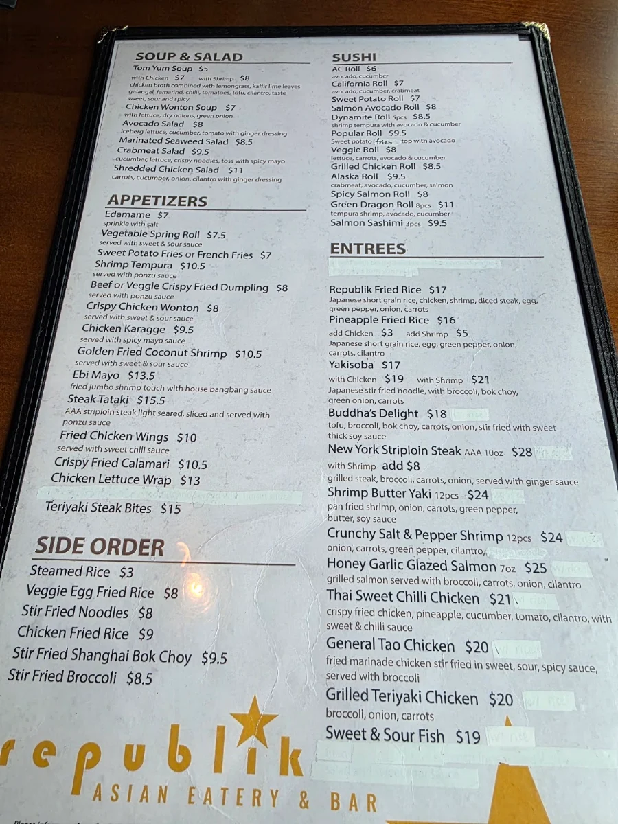 Menu, Republik Asian Eatery And Bar - Windsor