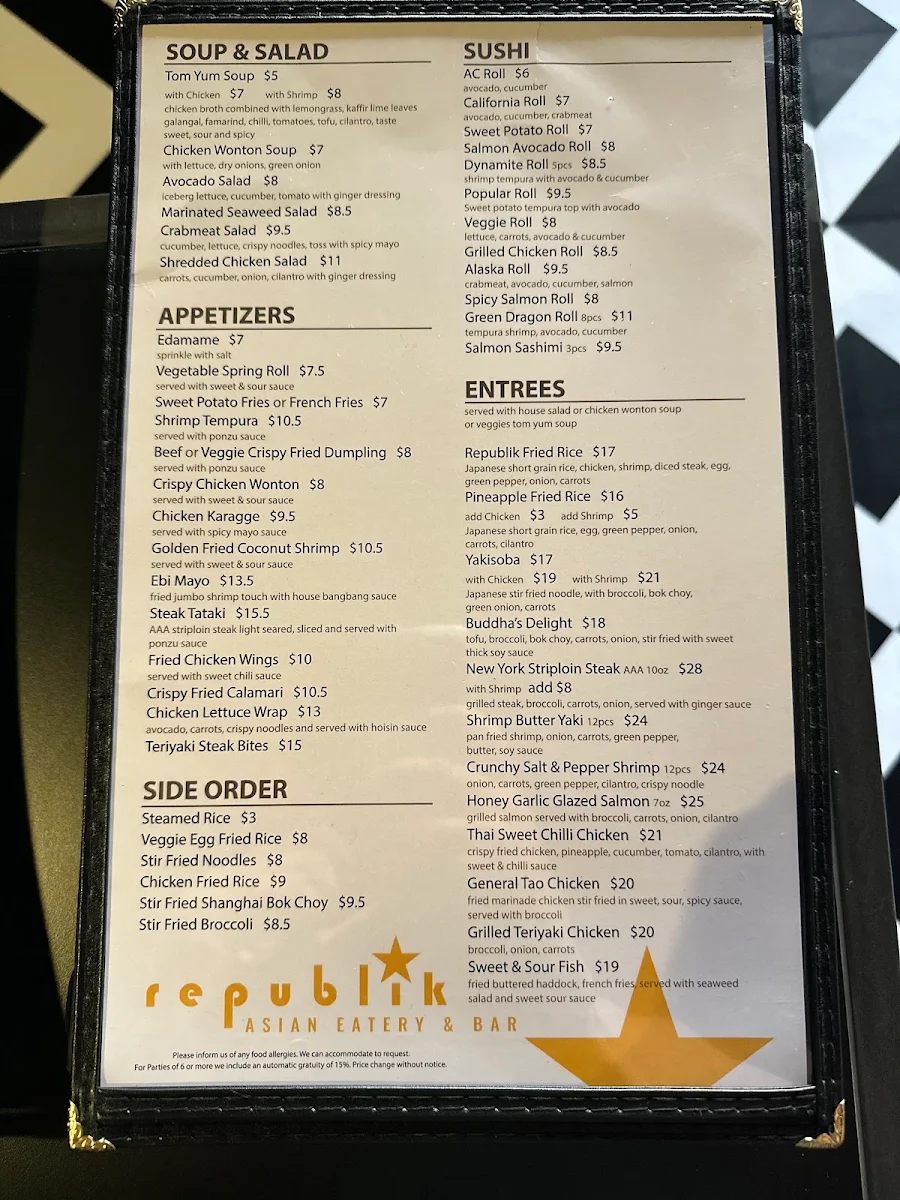 Menu, Republik Asian Eatery And Bar - Windsor