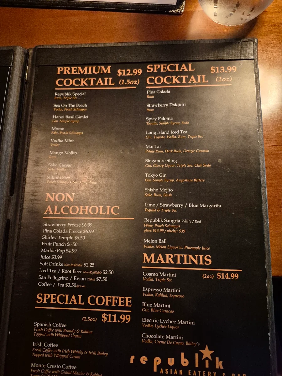 Menu, Republik Asian Eatery And Bar - Windsor